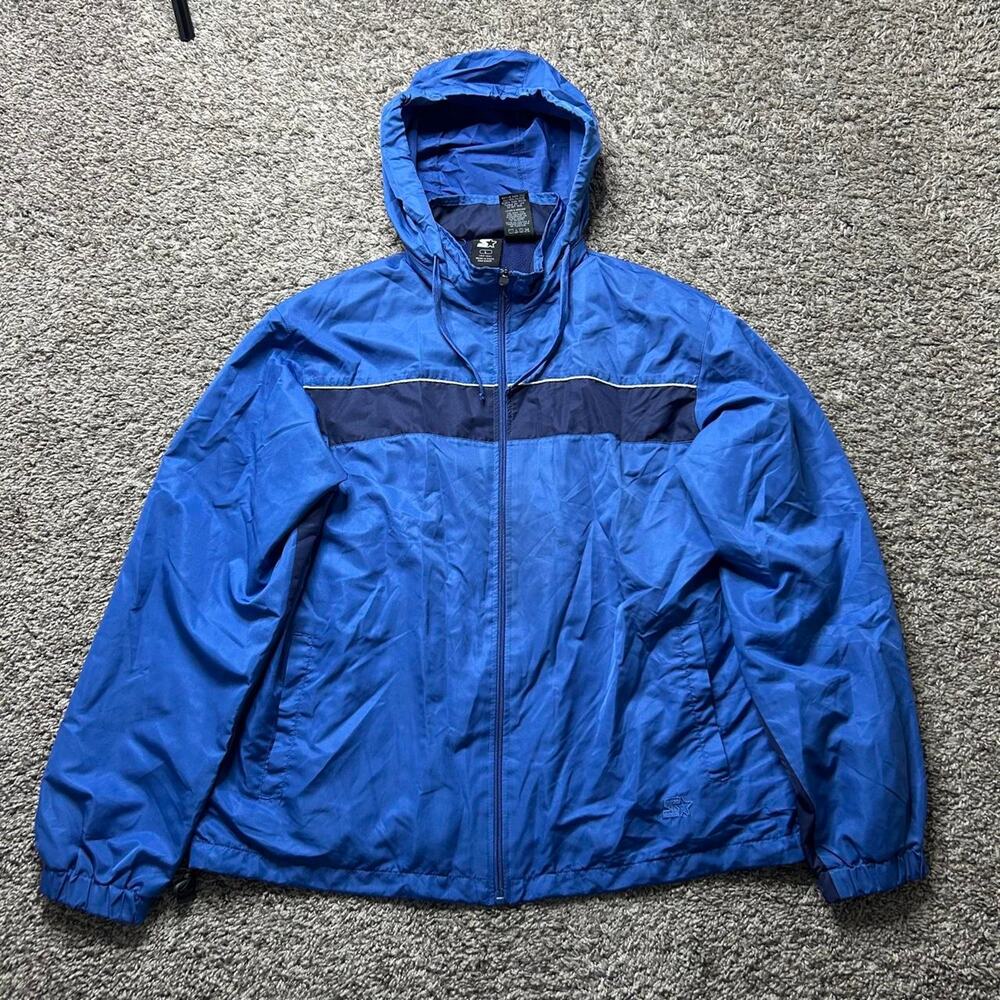 Blue starter jacket with tuckaway